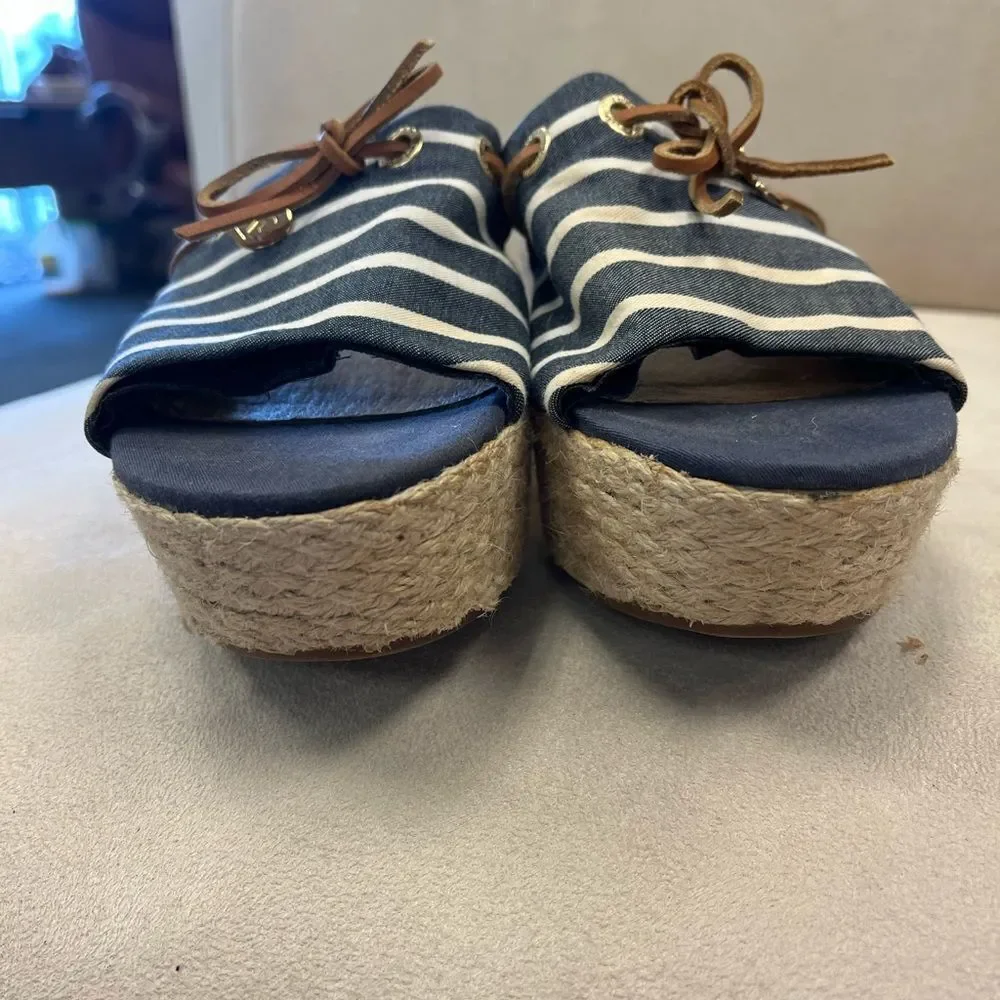 Sperry Nautical Stripe Espadrille Wedge Slip On Slides sz 8.5 EUC